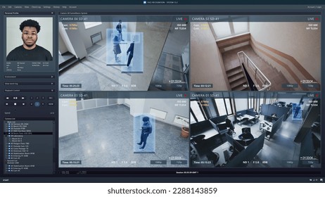 Playback CCTV cameras in business office on computer screen. Interface of AI futuristic program with information and recognition system. Security cameras. Concept of identification and tracking. - Shutterstock ID 2288143859