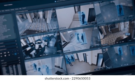 Playback from CCTV cameras in business office displayed on digital tablet or computer screen. Modern software with facial scanning showing surveillance cameras footage. Tracking and social safety.