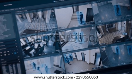 Playback from CCTV cameras in business office displayed on digital tablet or computer screen. Modern software with facial scanning showing surveillance cameras footage. Tracking and social safety.