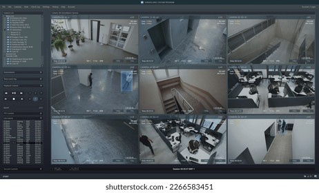 Playback CCTV cameras in office on computer screen. Surveillance interface with AI futuristic program and people recognition system. Security cameras. Concept of privacy, identification and tracking. - Powered by Shutterstock