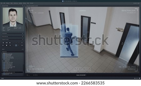 Playback office CCTV camera on computer. Interface of AI software with digital facial recognition and personal profile with information about people. Security camera with face scanning analyze system.