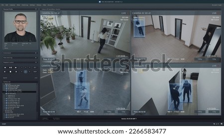 Playback office CCTV cameras on computer screen. Interface of AI program with facial recognition and personal profile with information about people. Security camera with face scanning system. Big data