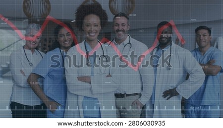 Playback starting red line chart sweeping over lead doctor and team posing, showing health data. Physician, colleagues, healthcare, hospital, stethoscope, portrait, graph