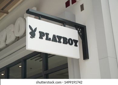 Playboy store shop neon logo sign at Central Village outlet shopping mall. Bangkok, Thailand. 5 September 2019
