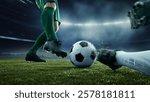 Player in green uniform maneuvering soccer ball while goalkeeper in white-green lunges to stop in high-stakes match under bright stadium lights. Concept of sport championship, match, tournament. Ad
