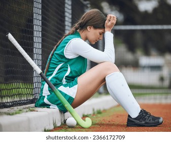 Player, headache and woman with burnout, hockey and anxiety with fitness, mistake and depression. Person, athlete and girl outdoor, migraine and stress with mental health, lose and sports with injury - Powered by Shutterstock