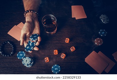 The player watches art while playing poker. A combination of four aces, four of a kind, winning cards fell out - Shutterstock ID 2258329133