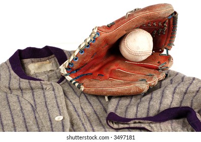 A Player's Old Uniform And Baseball Gear.