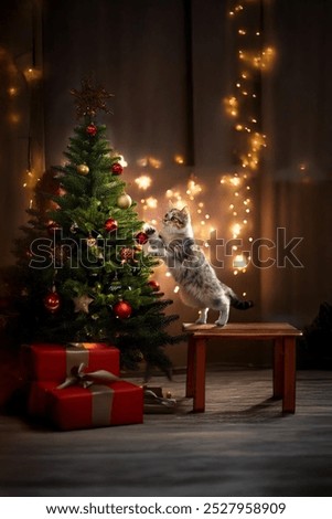 A playful cat reaching up to a decorated Christmas tree with red and gold ornaments, surrounded by glowing fairy lights and festive presents