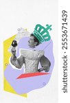 Playful collage showing man in vintage attire with crown holding glass of wine, symbolizing self-indulgence and royalty. Contemporary art collage. Concept of surrealism, business, power