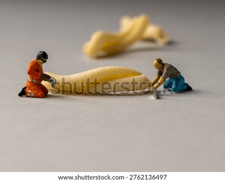 a playful and creative conceptual image featuring tiny miniature people figures working on uncooked pasta