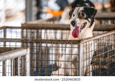 A playful dog with a wagging tongue eagerly awaits adoption in a lively animal shelter during the day - Powered by Shutterstock