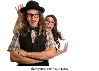 Playful Engaged Couple Quirky Fashion Having Fun Playing Positive Humorous Friends