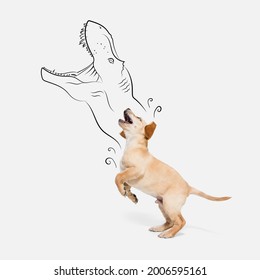 Playful, Funny. One Cute Labrador Puppy, Pet With Drawn Dinosaur Head Jumping Isolated On White Studio Background. Concept Of Modern Art, Design And Pet Love.