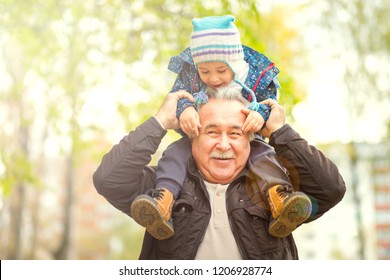 Playful Grandfather Spending Time With His Grandson In Park On Sunny Day