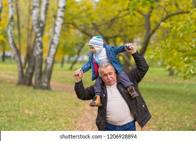 Playful Grandfather Spending Time With His Grandson In Park On Sunny Day