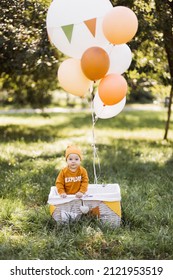 Playful Little Boy In Stylish Wear Standing Inside Wicker Basket Decorated With Colorful Helium Balloons. Birthday Celebration Of Little Child On Fresh Air.