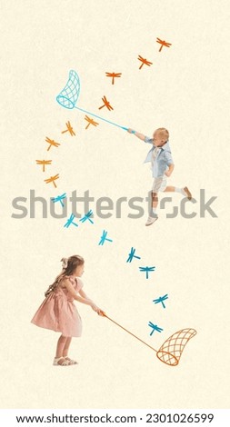 Playful little children, boy and girl playing together outdoors, catching dragonfly with net. Contemporary art collage. Concept of summer, childhood, imagination, fun, inspiration. Vertical design