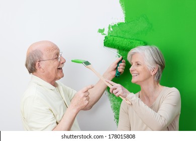 Playful senior couple painting their house green with the man laughingly pointing a finger at his wife a she tries to dab paint on his nose with her brush - Powered by Shutterstock