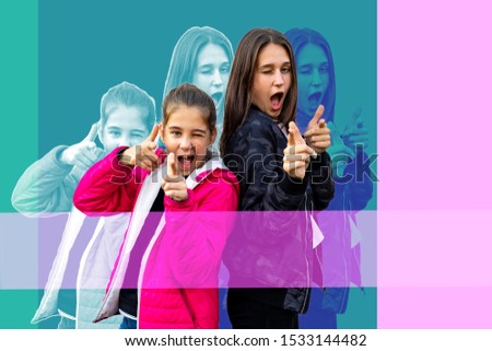 playful sisters having fun with colorful design