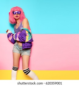 Playful Stylish Girl DJ. Rave, house, digital party Music and fitness vibrations. Clubbing Minimal pop art