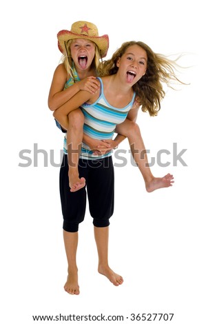 Playful Young Naughty Sisters Having Fun Isolated On White Playful Young Naughty Sisters Having Fun Isolated On White