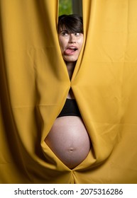 Playfull Fun Pregnant Lady Woman Girl Peeking Behind The Curtain