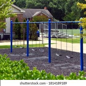 Playground Are Mostly Empty As Parents Keep Their Children In During The Pandemic.  Steel Poles On Swingset Is Blue.