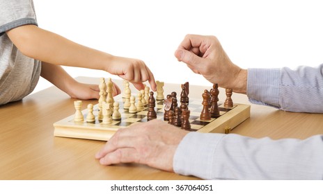 Playing Chess, Child And Senior Hands, Kid Boy Moving Pawn Piece, Man Thinking Chessboard