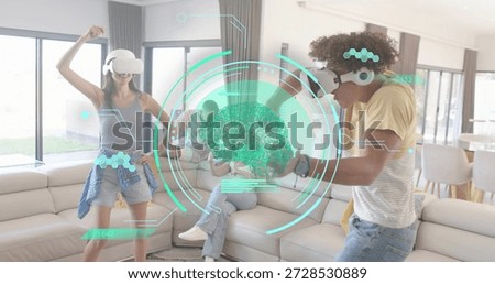 Playing four adults using VR headsets at home with controllers, wearing shorts, turquoise brain. Virtualreality, group, friends, lounge, spacious, holographic, overlay