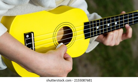 playing the guitar strings with a plectrum