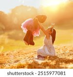 Playing, nature or girl with teddy bear in park for love, orphan or fun toy for support, care or therapy. Relax, sun flare or kid on grass field with stuffed animal, princess costume or donation gift