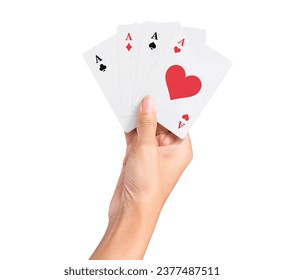 Playing poker Deck of Ace High Royal Flush Cards in pretty women hand isolated on white background. Flush Aces Winning Gambling Game Four of a kind Quads high straight flush Casino 