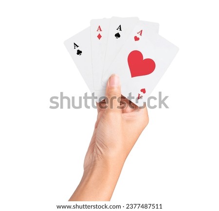 Playing poker Deck of Ace High Royal Flush Cards in pretty women hand isolated on white background. Flush Aces Winning Gambling Game Four of a kind Quads high straight flush Casino 