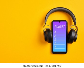 Playlist, music player, and listening to music with smartphone app. Smartphone template with wireless headphone and playlist screen on yellow background.