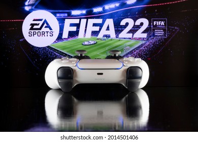 Playstation 5 controller with FIFA 22 logo background - 26th Jul, 2021, Sao Paulo, Brazil