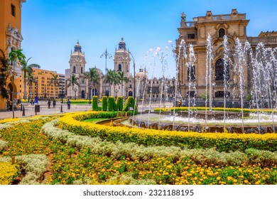 Plaza de Armas and the Lima Cathedral in the Old town of Lima city, Peru. Plaza de Armas, or Plaza Mayor, is one of the main squares in the historic center of Lima.