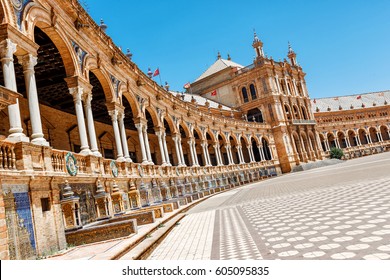 Plaza De Espana In Seville, Andalusia, Spain. Famous Touristic Landmark Of Sevilla.