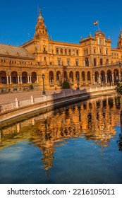 Plaza De Espana, Tower Reflection, Seville, Andalusia, Spain. Built In 1928 For Ibero American Exposition In Maria Luisa Park