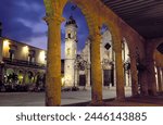 Plaza de la Catedral de San Cristobal de la Habana at dusk with diners at oudoor restaurant, Havana, Cuba, West Indies, Central America