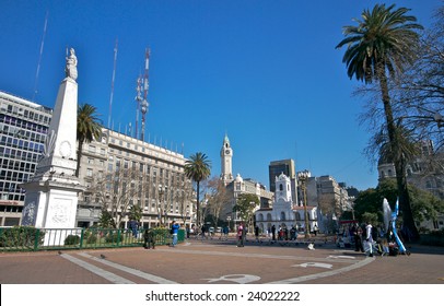 Plaza de Mayo in Buemos Aires, Argentina, is the most important plaza, and a national landmark, it is the place of reunion for most political meetings. In the bcakround the historical Cabildo.
