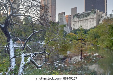 Plaza Hotel After Snow Storm Central Park, New York City In Early Autumn