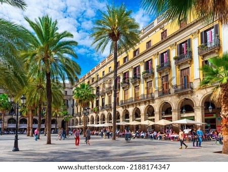 Plaza Real (Royal Square), in Barcelona, Catalonia, Spain. Architecture and landmark of Barcelona. Cozy cityscape of Barcelona