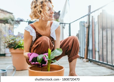 Pleasant active resting terrace. Blond romantic female gardener in overalls enjoying hobbie, creating garden at balcony. Plants cultivation and nursery, garden maintenance. - Powered by Shutterstock