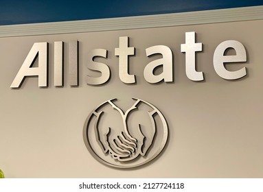 Pleasant Hill, CA, USA - February 9, 2022: Sign featuring the logo for Allstate insurance company.