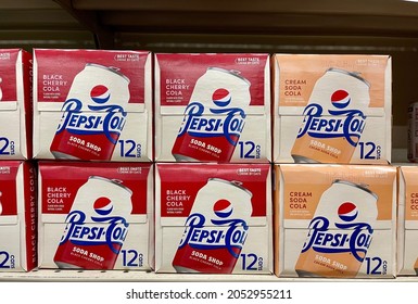 Pleasant Hill, CA, USA - October 4, 2021: Retro Packaging Of Pepsi Cola Black Cherry Cola And Cream Soda In Grocery Store.