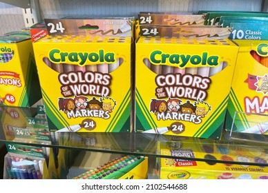 Pleasant Hill, California, USA - January 2, 2022: Packages Of Colors Of The World Crayola Brand Markers On Shelf In Super Market.