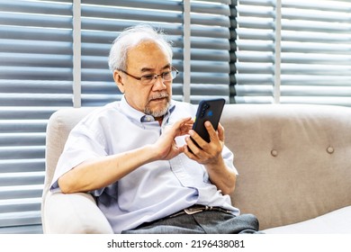 Pleasant Senior Older Man Resting On Couch At Home, Older Middle Aged Male Customer Holding Smartphone Using Mobile App, Texting Message, Search Ecommerce Offers On Cell Phone Technology Device