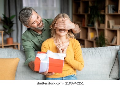 Pleasant Surprise. Loving Middle Aged Man Covering Wife's Eyes And Giving Gift, Smiling Mature Man Surprising His Happy Spouse While They Resting Together In Living Room At Home, Copy Space