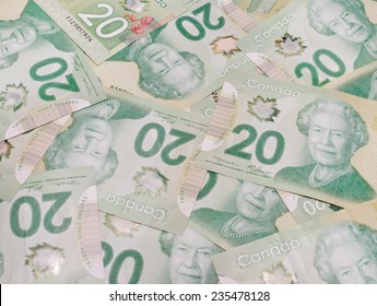 PLEASANT VALLEY, CANADA - NOVEMBER 30, 2014: The Canadian Twenty Dollar Note Is A Banknote Of The Canadian Dollar. The Frontier Series Banknote Was Released In 2012.